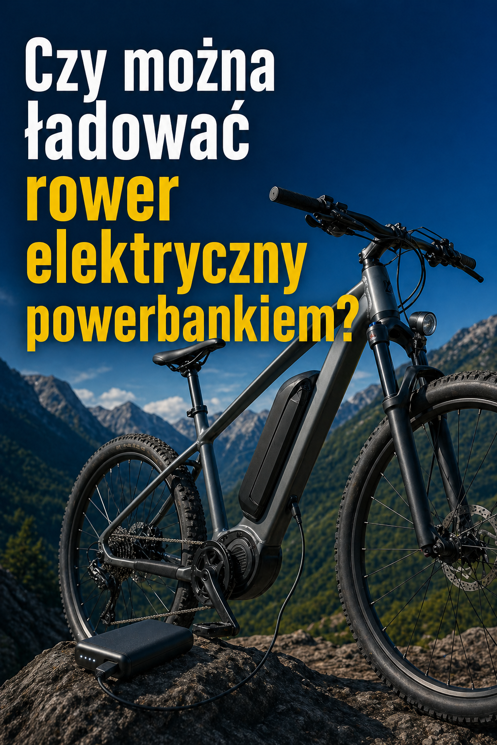 Okładka artykułu przedstawiająca rower elektryczny w naturalnej scenerii oraz temat ładowania roweru elektrycznego powerbankiem – czy można doładować e-bike w trasie.