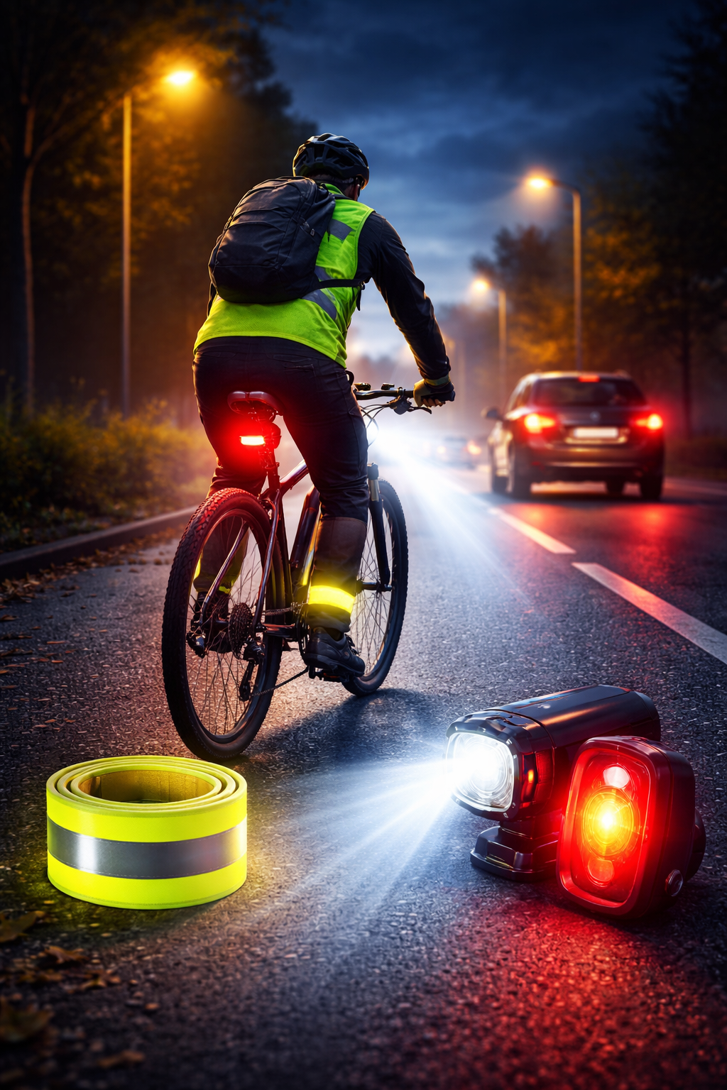 Rowerzysta z migającym tylnym światłem rowerowym na drodze po zmroku
