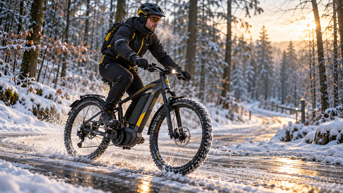 Rower elektryczny zimą na zaśnieżonej leśnej drodze – rowerzysta jedzie e-bike’em po śniegu i lodzie