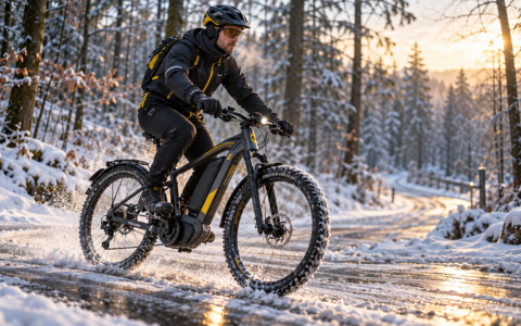 Rower elektryczny zimą na zaśnieżonej leśnej drodze – rowerzysta jedzie e-bike’em po śniegu i lodzie