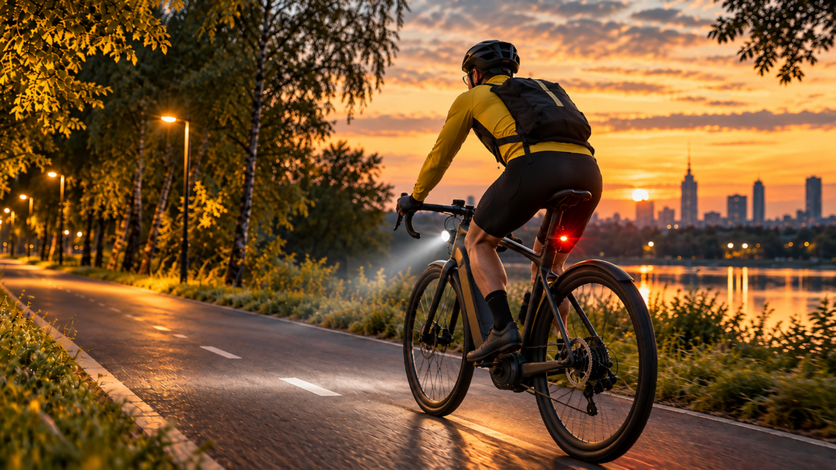 Rowerzysta jedzie rowerem elektrycznym z włączonym przednim i tylnym światłem po ścieżce nad rzeką o zachodzie słońca