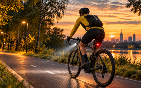 Rowerzysta jedzie rowerem elektrycznym z włączonym przednim i tylnym światłem po ścieżce nad rzeką o zachodzie słońca