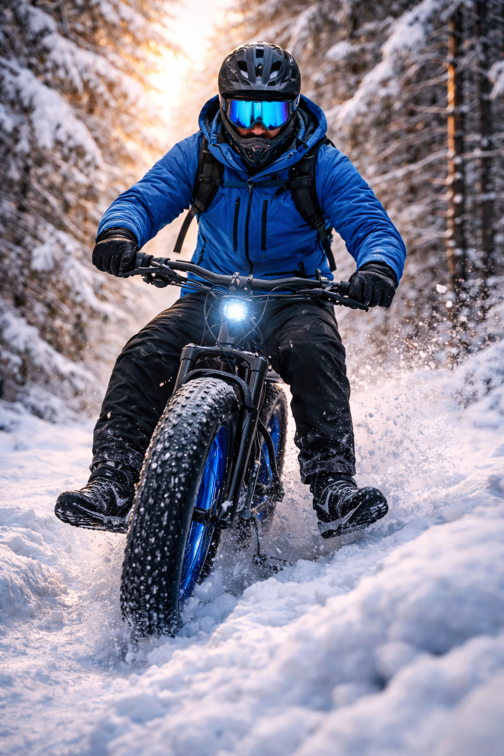 Rower elektryczny zimą – jazda e-bike’em po zaśnieżonej leśnej trasie, kolce w oponach i oświetlenie w trudnych warunkach zimowych