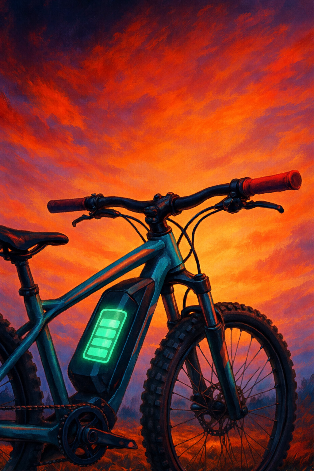 Czym jest pojemność baterii w rowerach elektrycznych – okładka artykułu: e-bike na tle zachodu słońca z podświetlonym wskaźnikiem baterii.