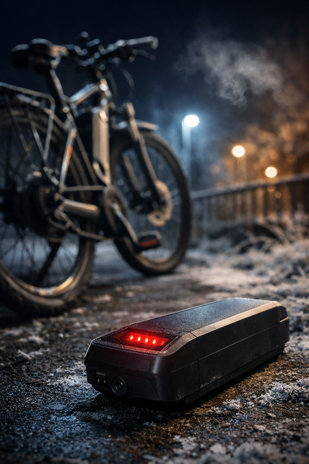 parkowanie roweru elektrycznego z pustą baterią – akumulator leżący na zimnej nawierzchni obok e-roweru nocą