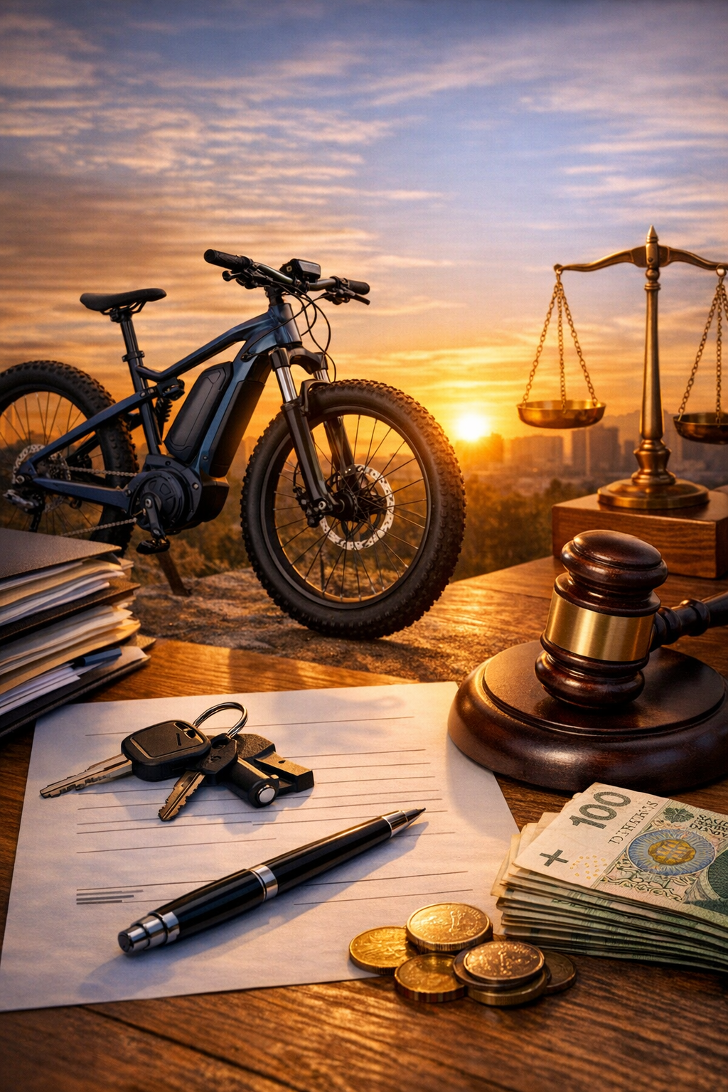Umowa kupna-sprzedaży roweru elektrycznego: rower elektryczny na tle zachodu słońca, dokumenty, klucze, waga i gotówka