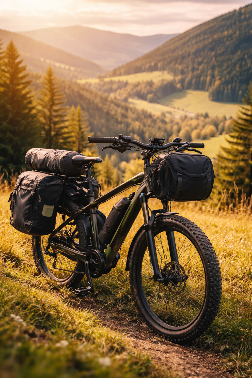 Planowanie wyprawy na rowerze elektrycznym – e-bike turystyczny z sakwami przygotowany do wielodniowej trasy w górskim terenie
