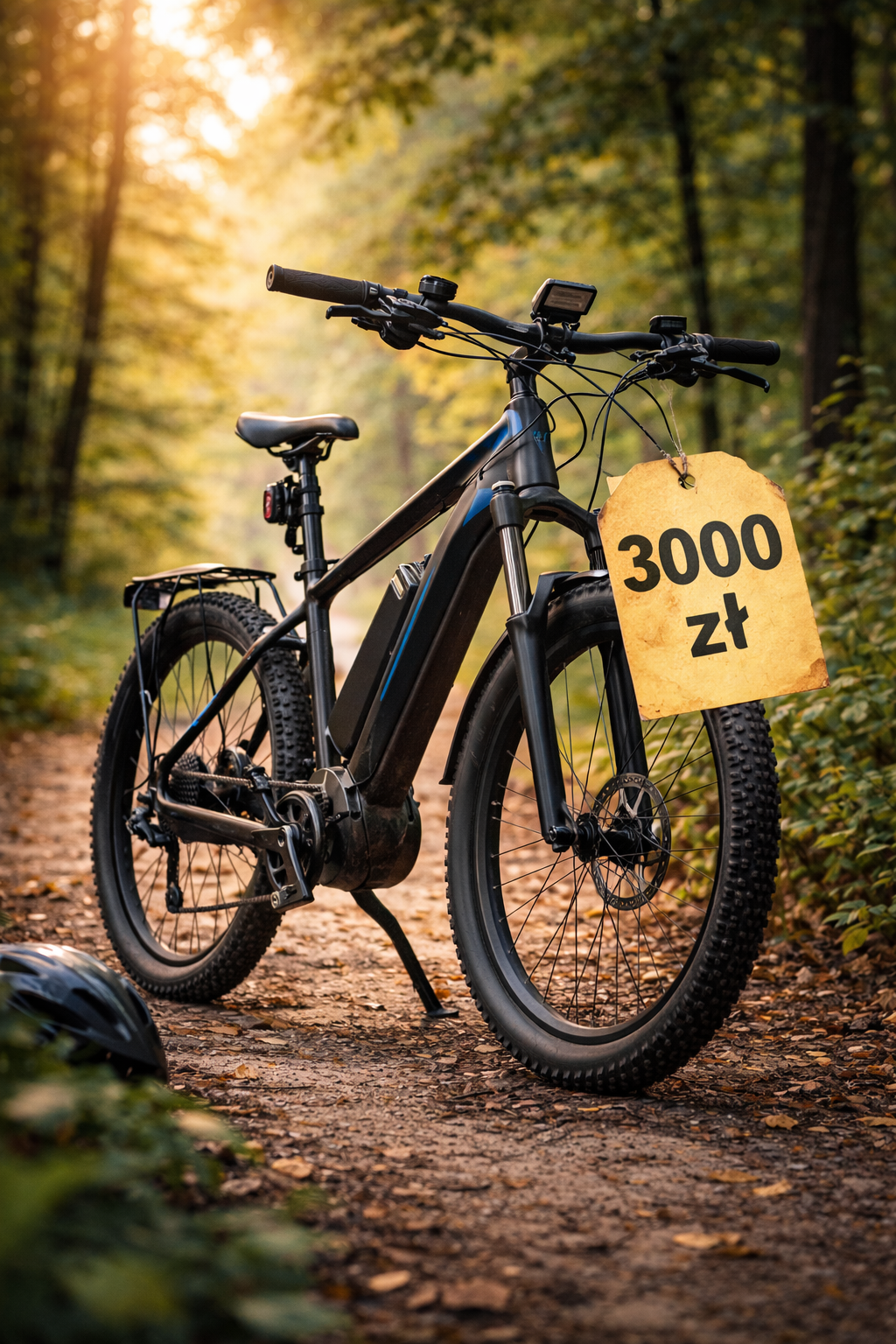 Używany rower elektryczny MTB z silnikiem centralnym stojący na leśnej ścieżce o zachodzie słońca, z zawieszoną metką ceny 3000 zł