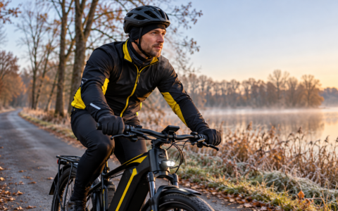 Rowerzysta jadący rowerem elektrycznym w chłodny jesienno-zimowy poranek, w cienkiej czapce pod kaskiem, nad mglistą wodą.
