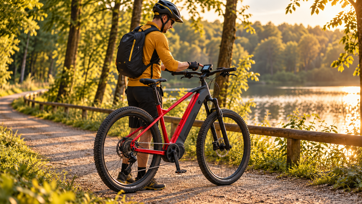 Rowerzysta zatrzymany przy czerwono-czarnym rowerze elektrycznym nad jeziorem – czy wyłączać rower elektryczny na postoju