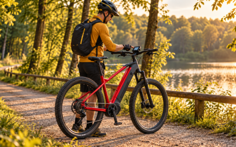 Rowerzysta zatrzymany przy czerwono-czarnym rowerze elektrycznym nad jeziorem – czy wyłączać rower elektryczny na postoju