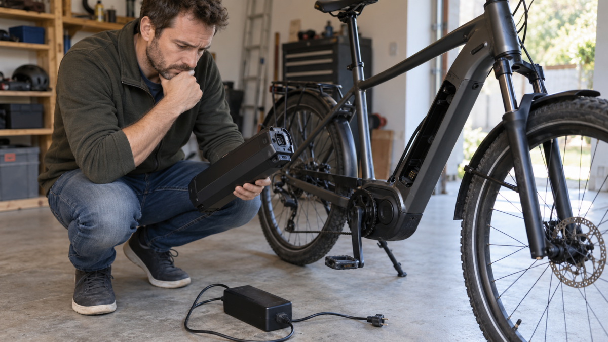 Mężczyzna sprawdza baterię roweru elektrycznego, która nie ładuje się, obok e-bike’a i ładowarki w garażu.
