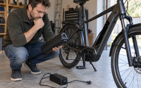 Mężczyzna sprawdza baterię roweru elektrycznego, która nie ładuje się, obok e-bike’a i ładowarki w garażu.