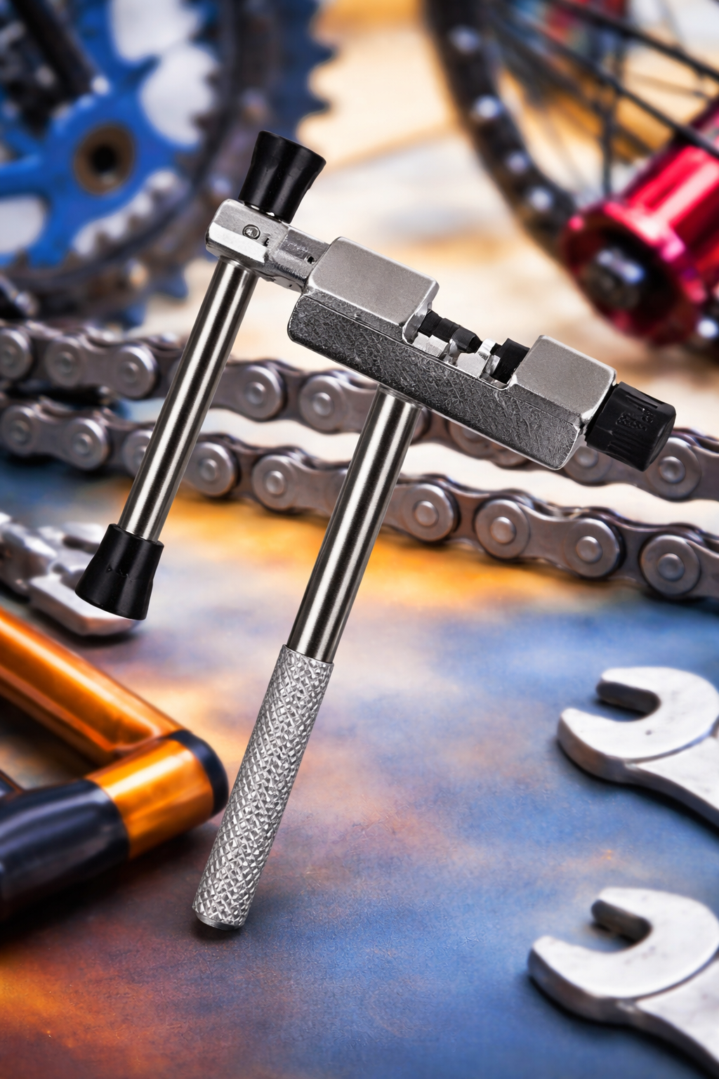 Jak rozkuć łańcuch w rowerze elektrycznym – skuwacz do łańcucha w pionowym ujęciu na kolorowym tle warsztatowym z elementami napędu roweru.