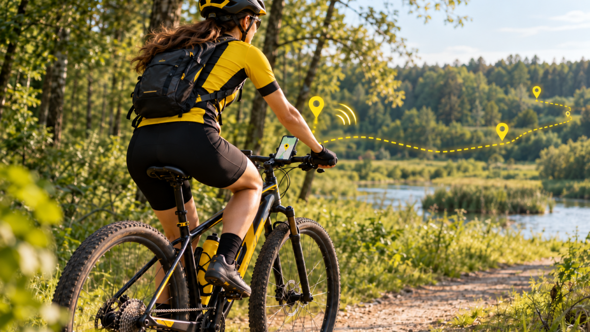 Rowerzystka jedzie leśną ścieżką nad jeziorem, trzyma kierownicę obu rękami, a na rowerze ma zamontowany smartfon z nawigacją i udostępnianiem lokalizacji.
