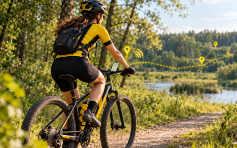Rowerzystka jedzie leśną ścieżką nad jeziorem, trzyma kierownicę obu rękami, a na rowerze ma zamontowany smartfon z nawigacją i udostępnianiem lokalizacji.