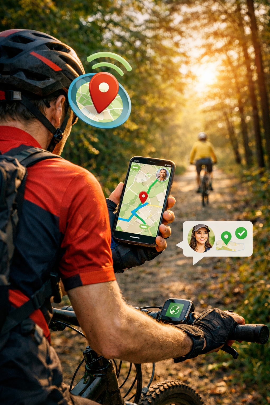 Jak udostępnić lokalizację podczas jazdy rowerem – rowerzysta korzystający ze smartfona z GPS i funkcją live trackingu pozycji w lesie