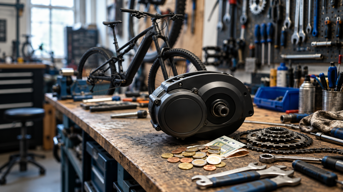 Silnik centralny roweru elektrycznego na stole warsztatowym obok kasety, narzędzi i pieniędzy – koszt eksploatacji e-bike’a