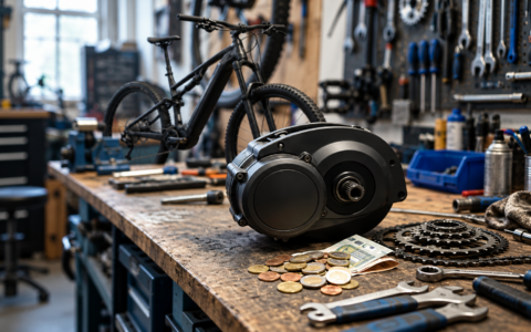Silnik centralny roweru elektrycznego na stole warsztatowym obok kasety, narzędzi i pieniędzy – koszt eksploatacji e-bike’a