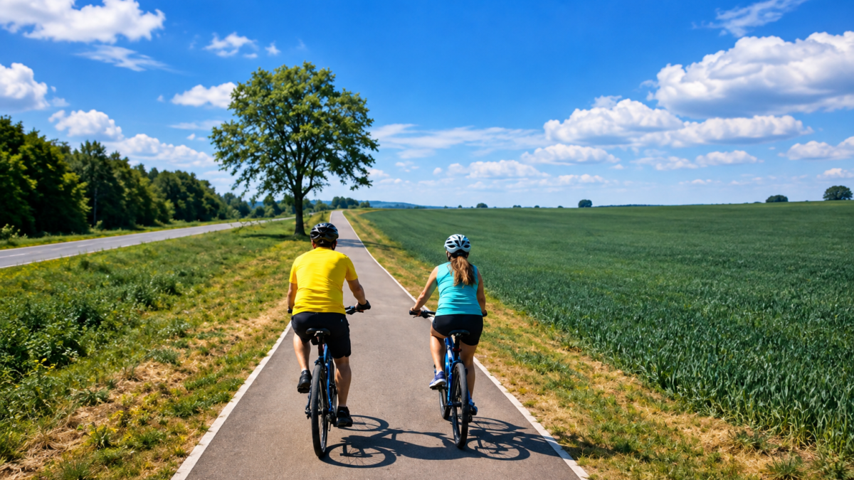 Dwóch rowerzystów jedzie asfaltową trasą rowerową wśród pól pod błękitnym niebem – Mazurska Pętla Rowerowa