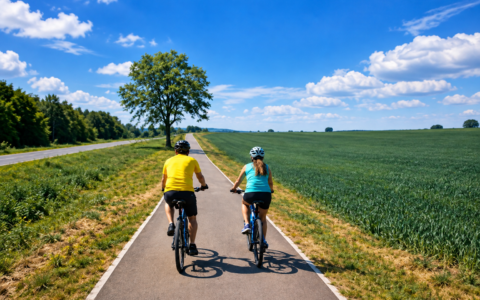 Dwóch rowerzystów jedzie asfaltową trasą rowerową wśród pól pod błękitnym niebem – Mazurska Pętla Rowerowa