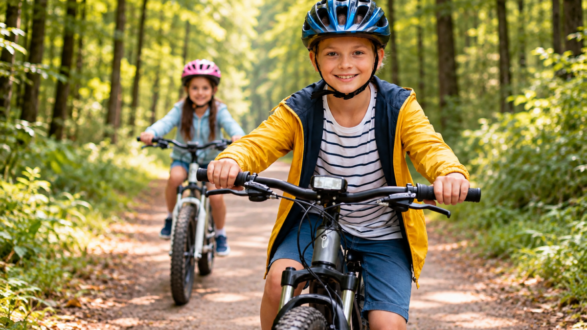 Rower elektryczny dla dzieci – przykład jazdy dziecka na e-bike'u w kasku zgodnie z przepisami