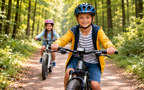Rower elektryczny dla dzieci – przykład jazdy dziecka na e-bike'u w kasku zgodnie z przepisami