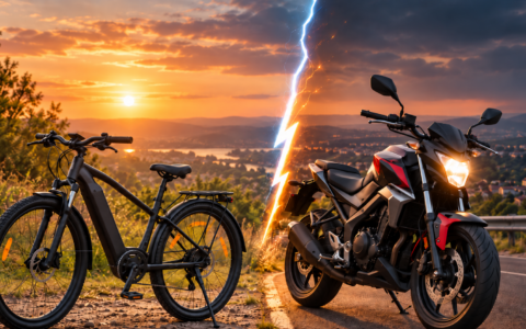 Rower elektryczny i motocykl 125 stoją obok siebie na drodze o zachodzie słońca – porównanie e-bike’a i motocykla 125