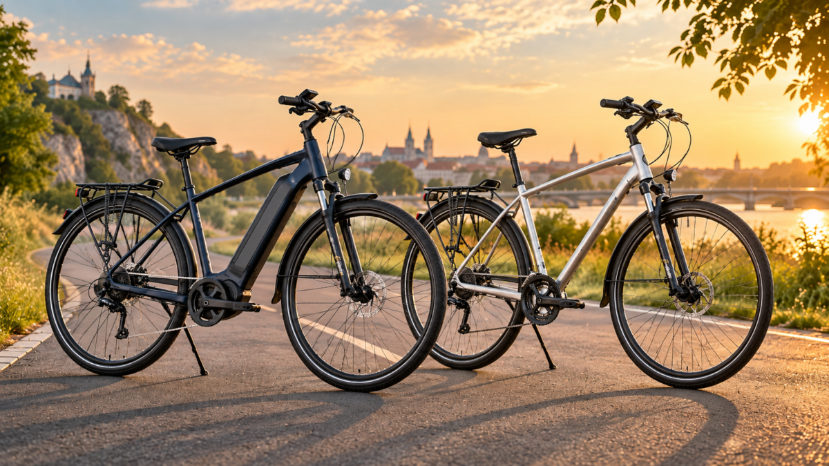 Rower elektryczny i zwykły rower trekkingowy ustawione obok siebie – porównanie obu typów rowerów
