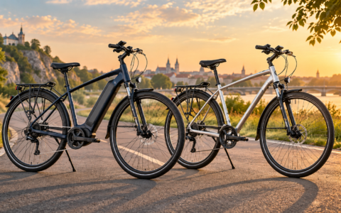 Rower elektryczny i zwykły rower trekkingowy ustawione obok siebie – porównanie obu typów rowerów