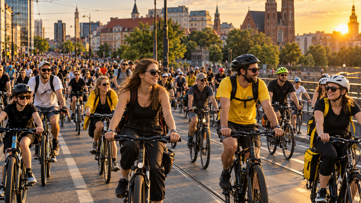 Rowerowa masa krytyczna w mieście – duża grupa rowerzystów jadąca ulicą podczas wspólnego przejazdu w centrum miasta.