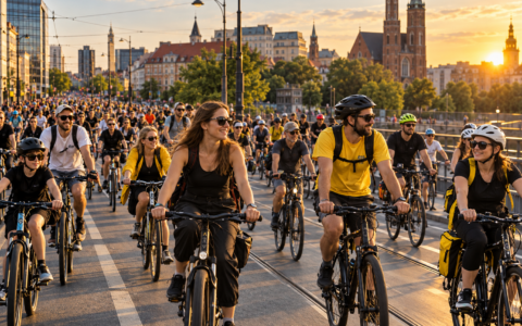 Rowerowa masa krytyczna w mieście – duża grupa rowerzystów jadąca ulicą podczas wspólnego przejazdu w centrum miasta.