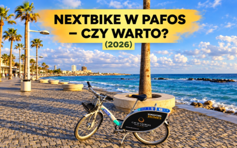 Nextbike w Pafos na nadmorskiej promenadzie – rower miejski przy palmach i morzu, okładka artykułu o cenach i opinii 2026