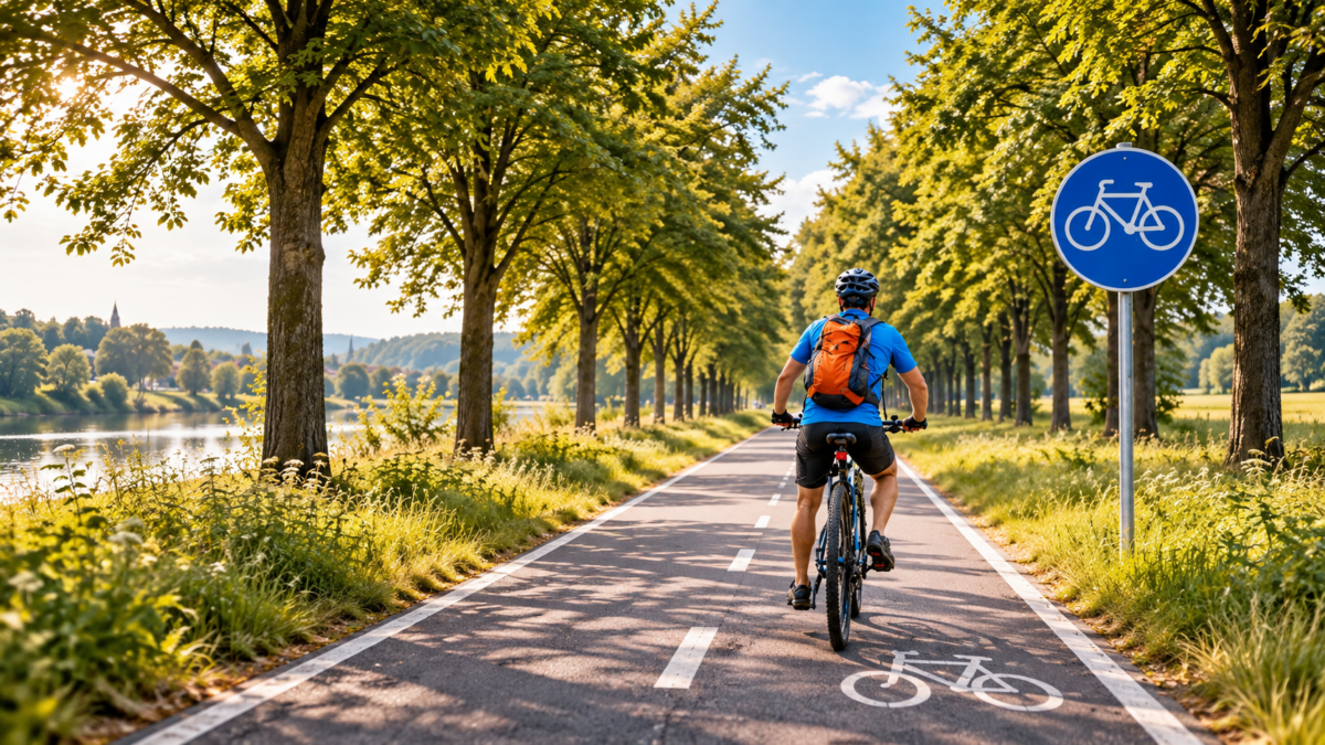 Rowerzysta jedzie drogą dla rowerów obok znaku C-13 na leśnej trasie