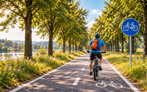 Rowerzysta jedzie drogą dla rowerów obok znaku C-13 na leśnej trasie