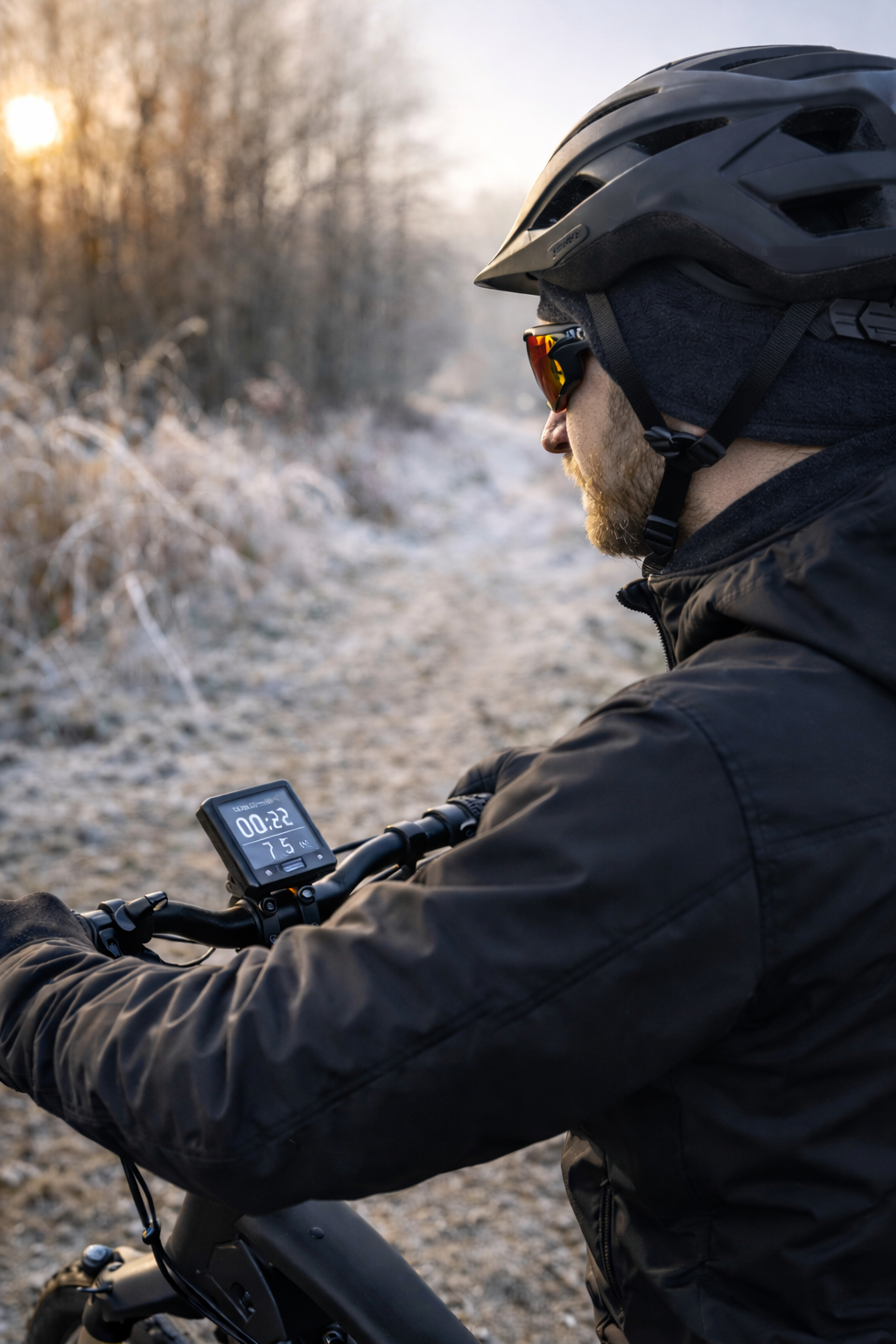 Jaka czapka na rower elektryczny na chłodne dni – rowerzysta w zimowej czapce pod kaskiem jadący na e-bike’u przez zmarznięty poranny las, z widocznym wyświetlaczem LCD na kierownicy i oszronioną ścieżką w tle.