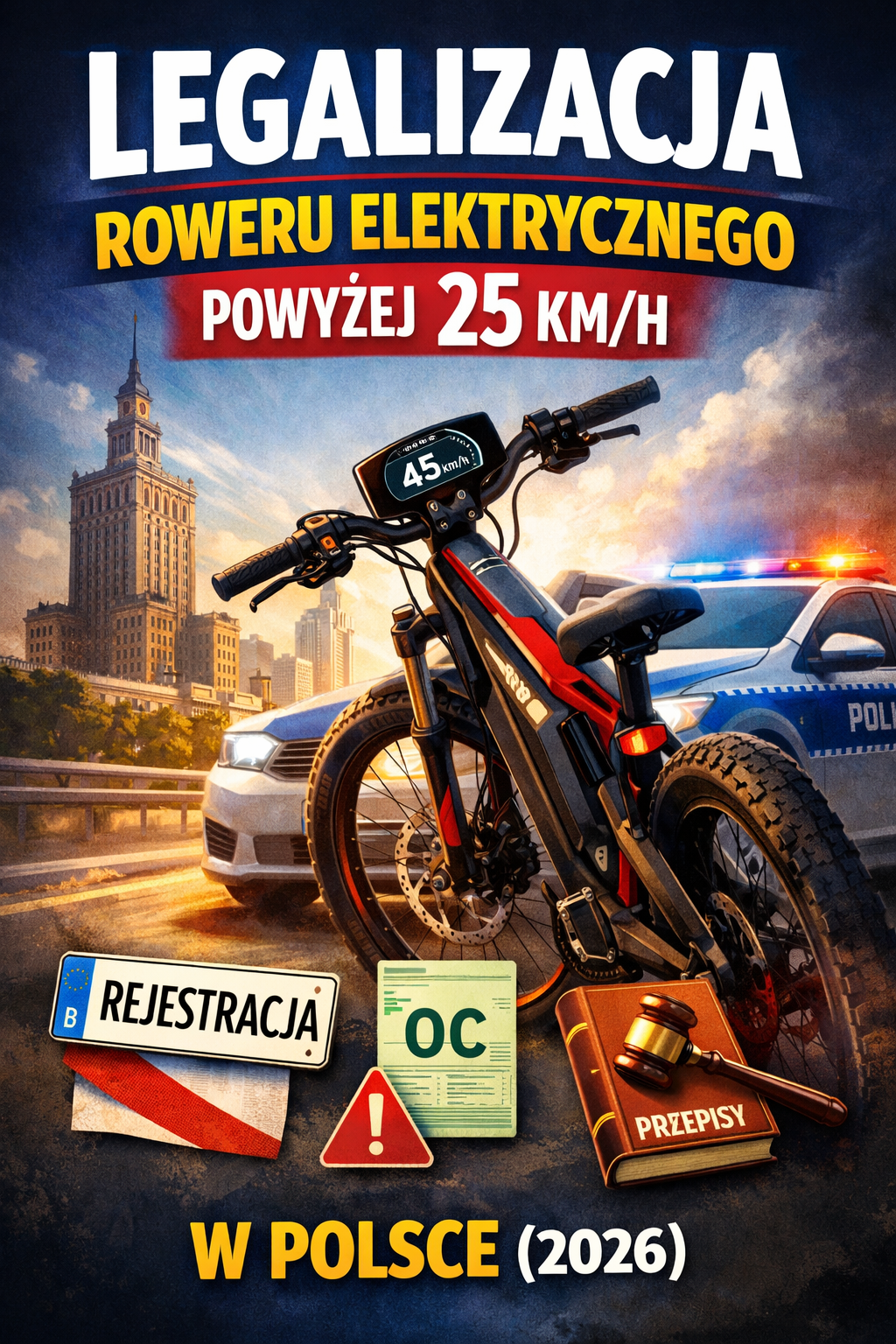 Legalizacja roweru elektrycznego powyżej 25 km/h w Polsce – okładka artykułu przedstawiająca szybki e-bike 45 km/h, rejestrację, OC i przepisy 2026.