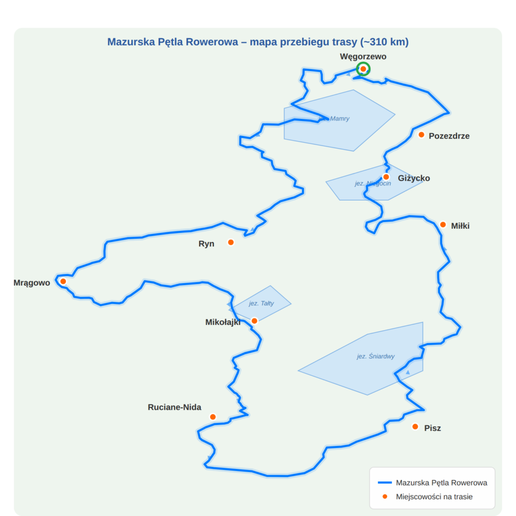 Mazurska Pętla Rowerowa – mapa przebiegu trasy (~310 km) z zaznaczonymi miejscowościami: Węgorzewo, Giżycko, Mikołajki, Mrągowo, Ryn, Pisz, Ruciane-Nida, Orzysz, Miłki, Pozezdrze