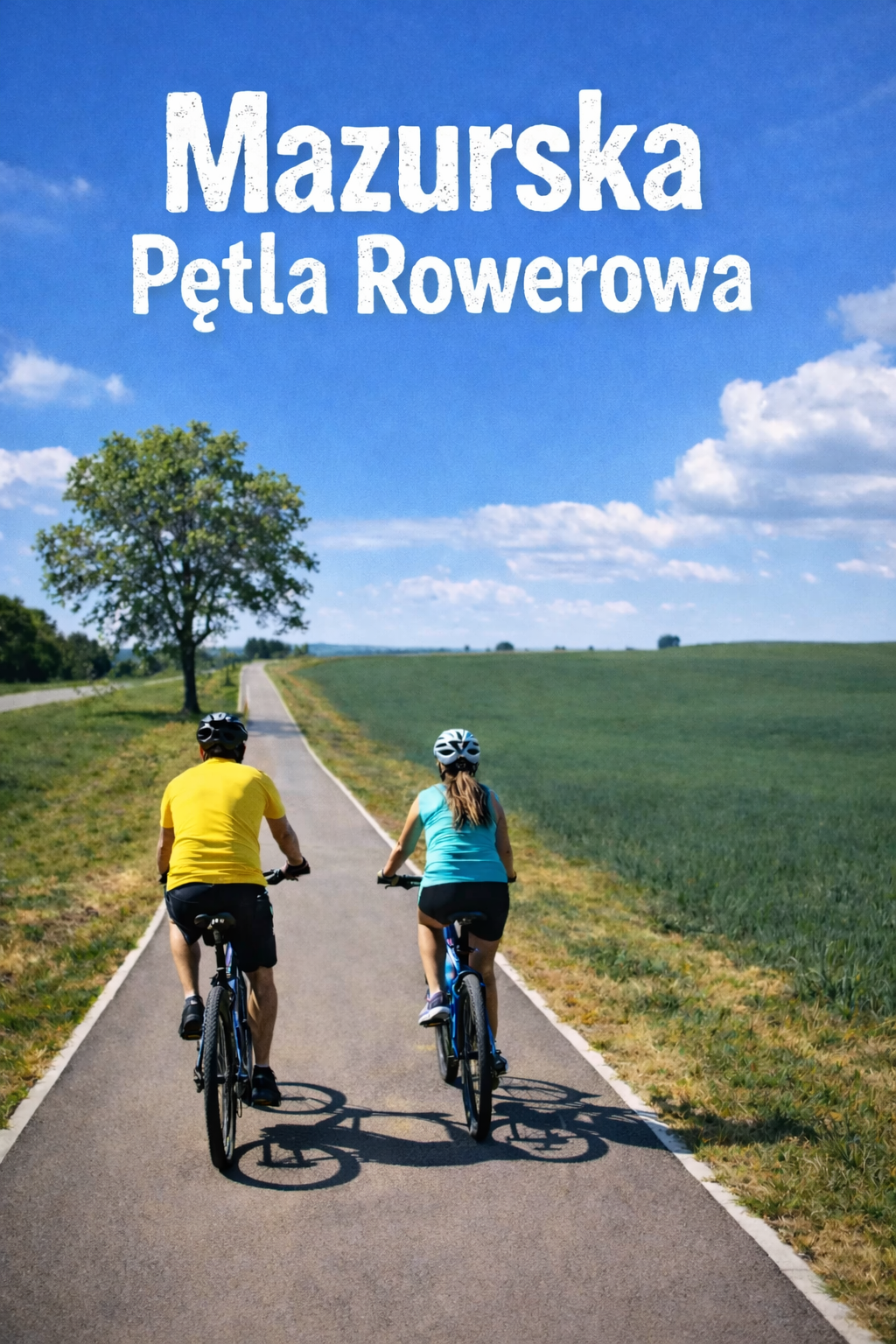 Mazurska Pętla Rowerowa – rowerzyści jadą asfaltową drogą rowerową przez mazurskie pola z drzewem i otwartym krajobrazem
