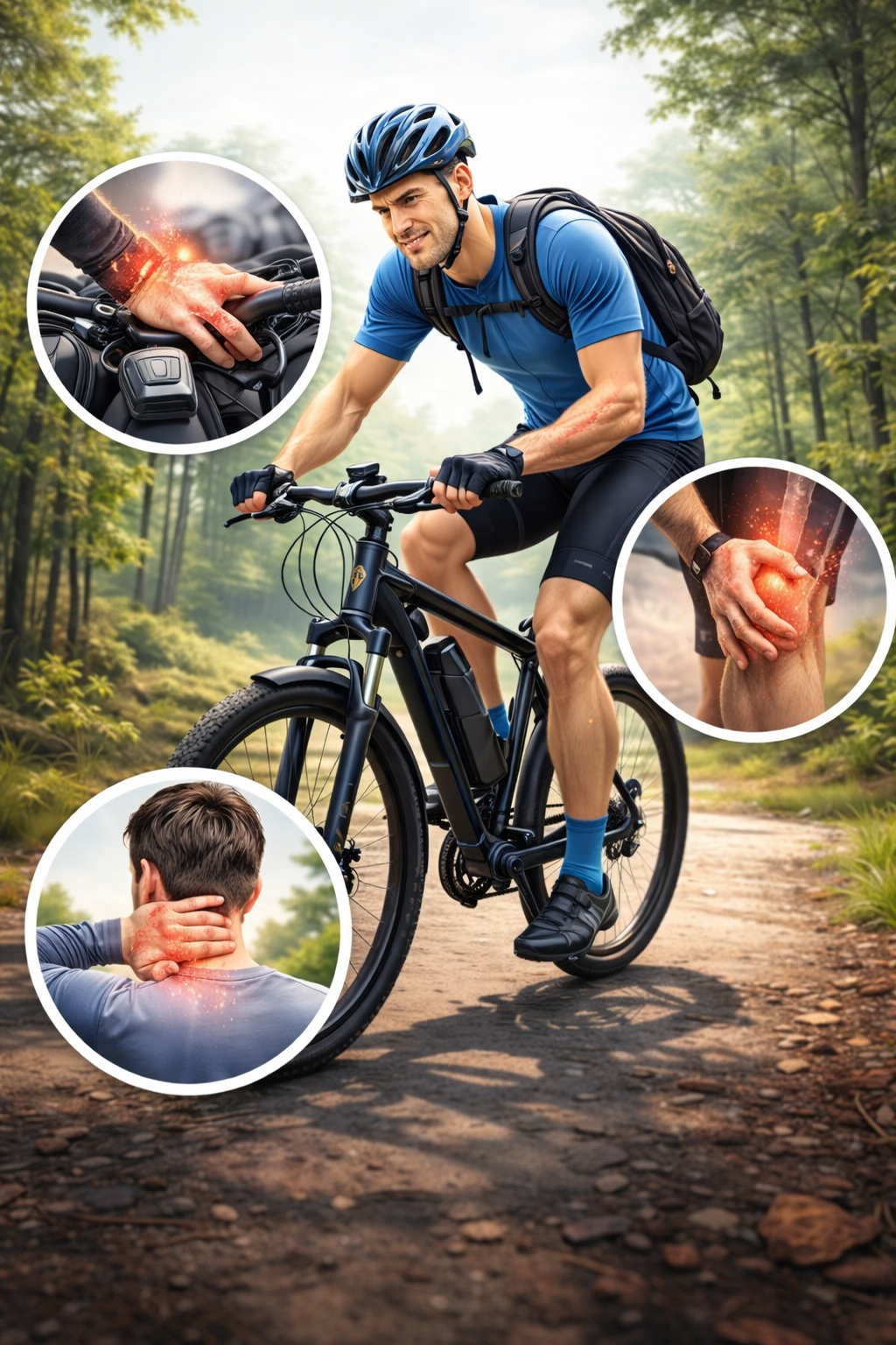 Najczęstsze urazy podczas jazdy na rowerze elektrycznym – rowerzysta na leśnej ścieżce z bólem kolana, nadgarstka i karku, realistyczna scena profilaktyki i przeciążeń.