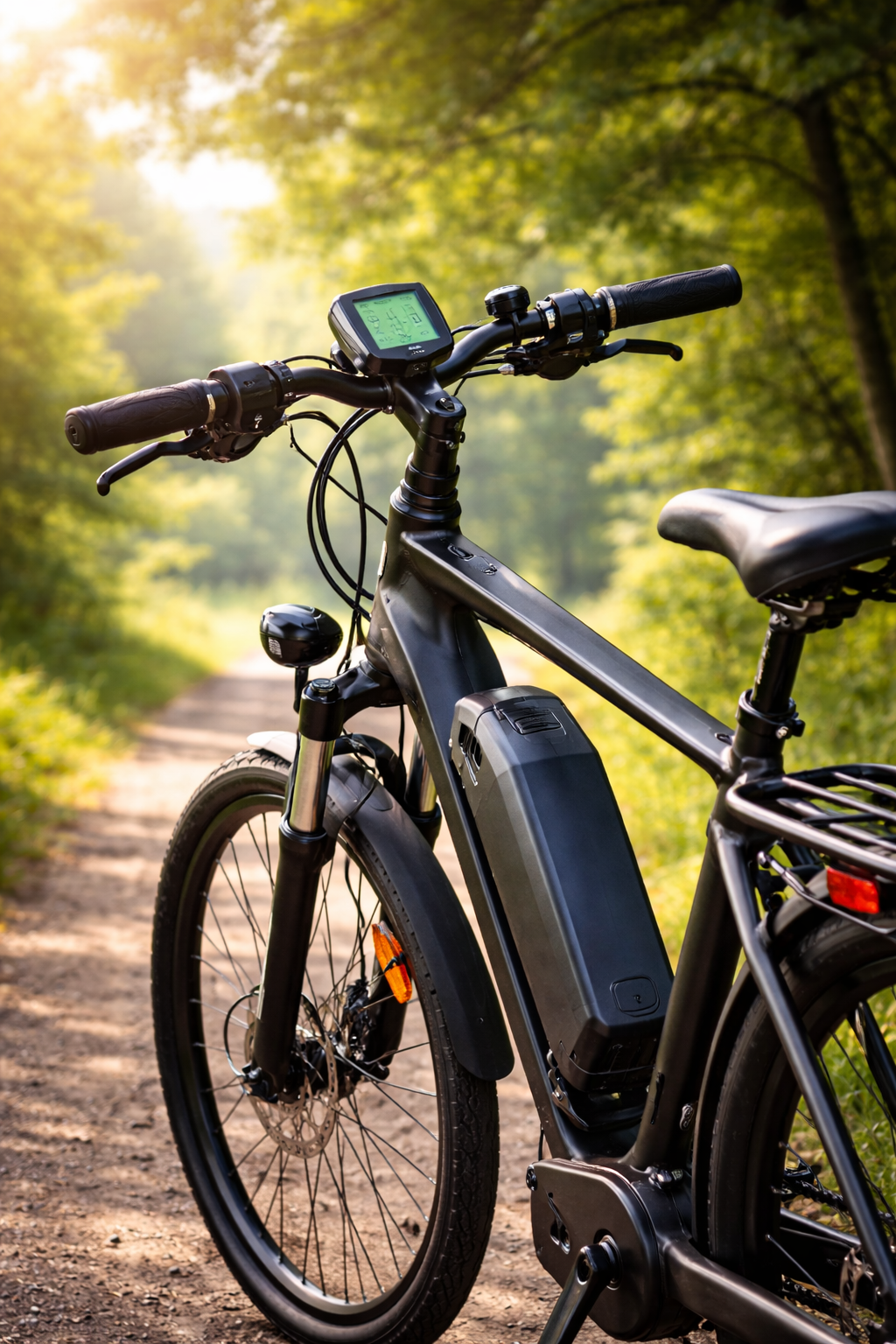 Czy wyłączać rower elektryczny na postoju – rower elektryczny z baterią i wyświetlaczem zaparkowany na leśnej ścieżce w naturalnym otoczeniu.