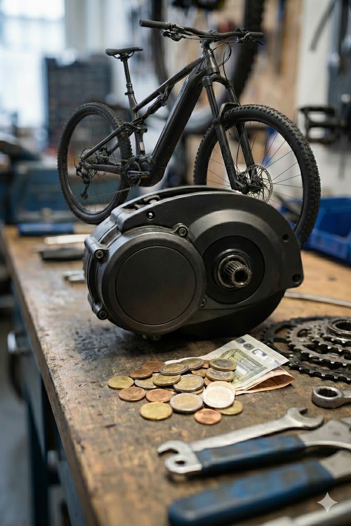 Koszt eksploatacji silnika centralnego w rowerze elektrycznym – silnik mid-drive na stole serwisowym z monetami, narzędziami i rowerem e-MTB w warsztacie rowerowym, symbol wydatków na serwis i części napędu