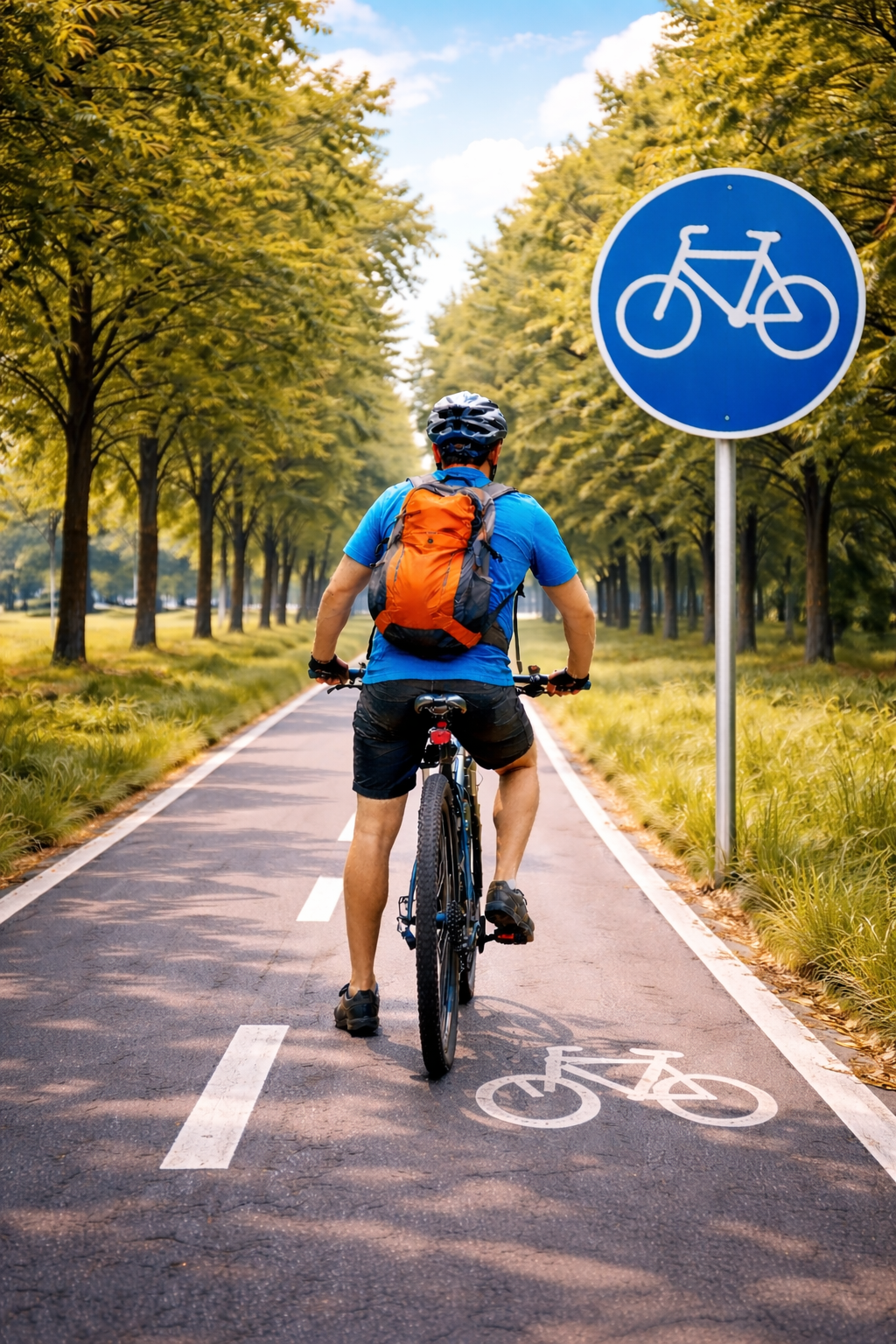 znak droga dla rowerów C-13 ustawiony przy ścieżce rowerowej i rowerzysta jadący po wydzielonym pasie