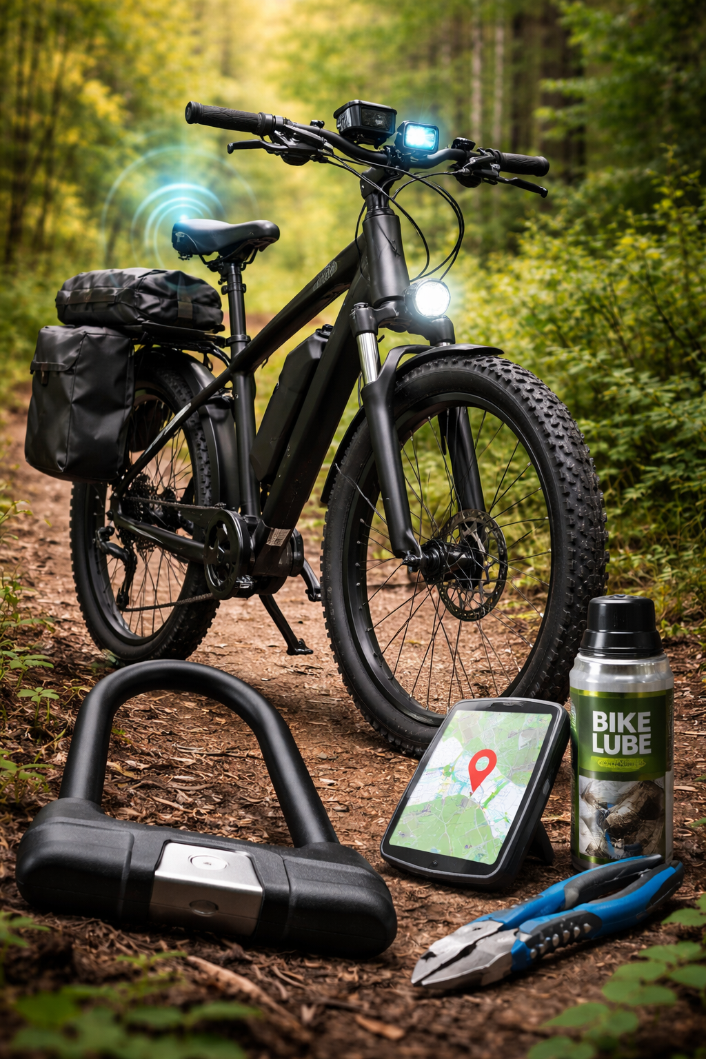 akcesoria do roweru elektrycznego – e-bike na leśnej ścieżce z zamkiem U-lock, trackerem GPS, smarem do łańcucha i sakwą
