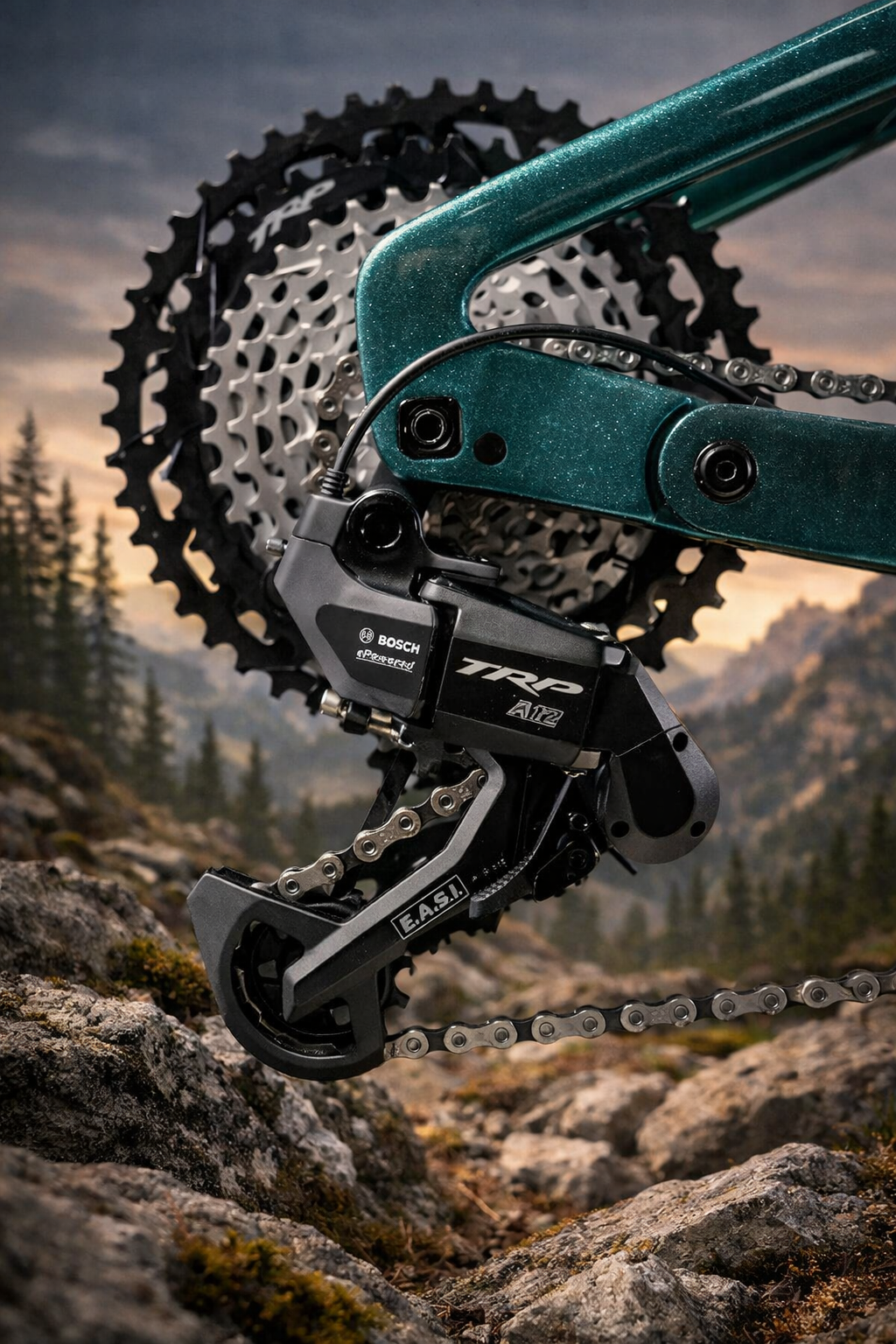 Automatyczna zmiana biegów w rowerze elektrycznym – tylna przerzutka TRP E.A.S.I. z systemem Bosch eShift na tle górskiego krajobrazu