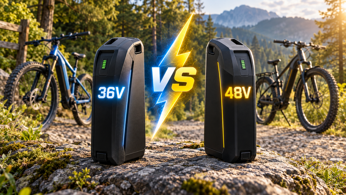Bateria 36V i 48V do roweru elektrycznego na tle dwóch rowerów elektrycznych w lesie