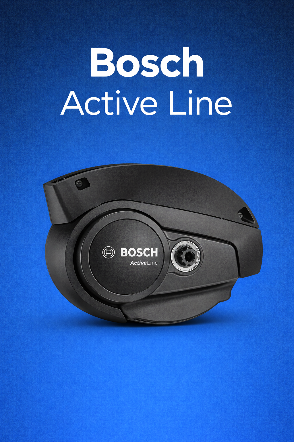 Silnik Bosch Active Line – centralny napęd do roweru elektrycznego Bosch eBike System przedstawiony na niebieskim tle