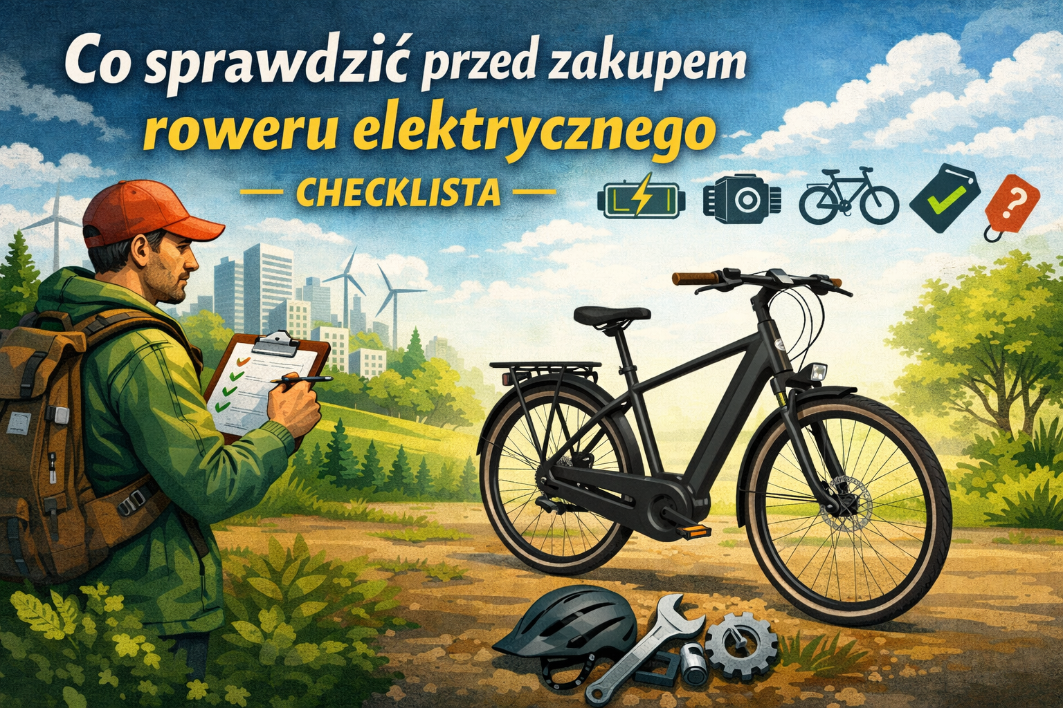 Nowoczesna pozioma grafika przedstawiająca czarny rower elektryczny typu miejski z nisko poprowadzoną ramą, zintegrowaną baterią w ramie oraz jedną prostą kierownicą, ustawiony na ścieżce w naturalnym krajobrazie. Obok stoi mężczyzna w kurtce outdoorowej i czapce, który sprawdza checklistę na clipboardzie przed zakupem e-bike’a. W tle widoczna jest zieleń, drzewa oraz elementy nowoczesnej infrastruktury. Na górze grafiki znajduje się tytuł: Co sprawdzić przed zakupem roweru elektrycznego – checklista. Ilustracja symbolizuje analizę kluczowych elementów roweru elektrycznego takich jak bateria, silnik, zasięg oraz stan techniczny przed zakupem.
