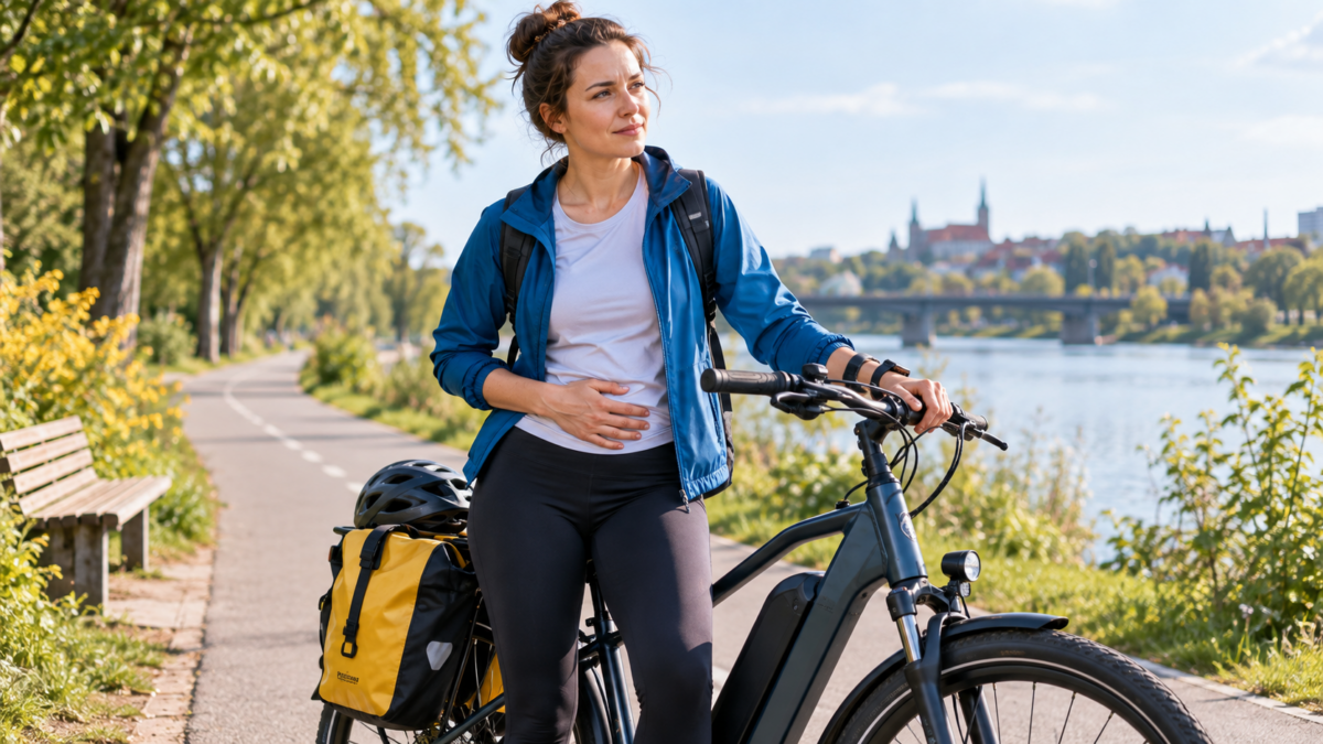 Kobieta z rowerem elektrycznym podczas postoju na ścieżce rowerowej nad rzeką – jazda na rowerze podczas okresu
