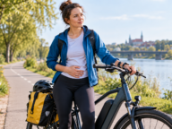 Kobieta z rowerem elektrycznym podczas postoju na ścieżce rowerowej nad rzeką – jazda na rowerze podczas okresu